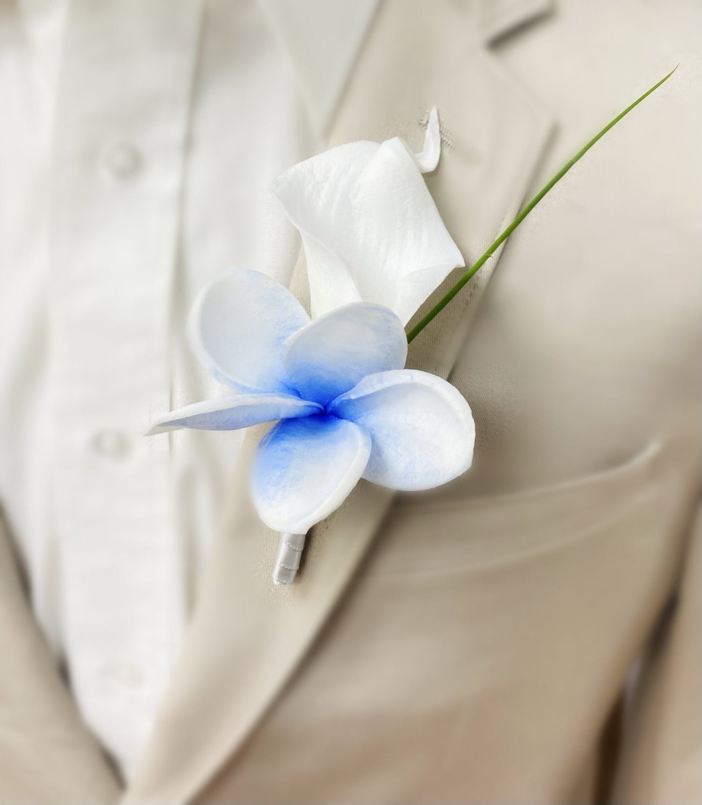 Elegant Real Touch Boutonniere with Calla Lily & Plumerias - Royal Blue & White