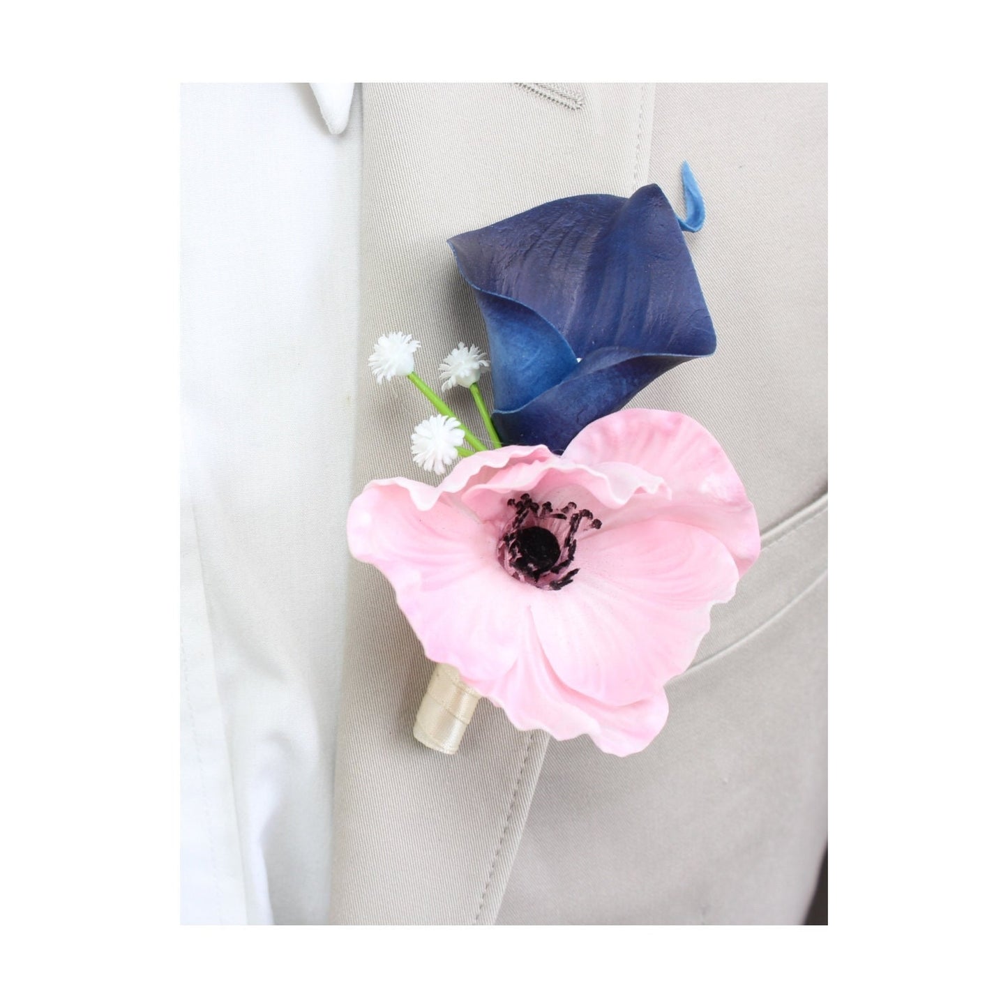 MADE IN USA-Real touch poppy calla lily boutonniere- navy blue soft pink prom dance homecoming wedding