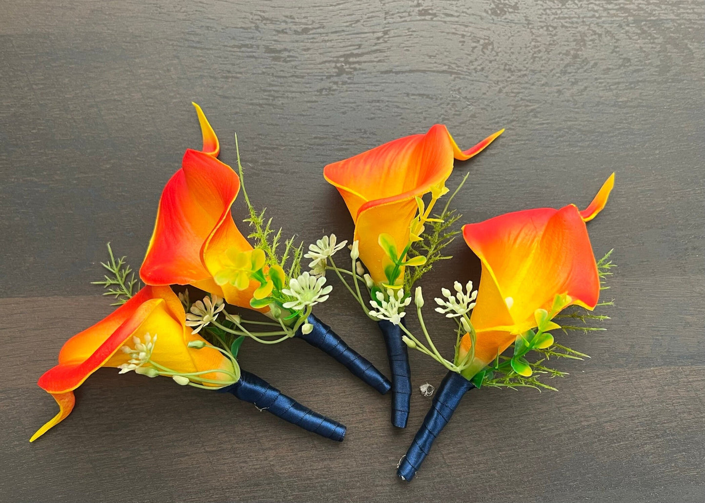 Luxurious Persimmon Tangerine Calla Lily Wedding Ensemble - Handcrafted Bridal Bouquet & Boutonniere Set