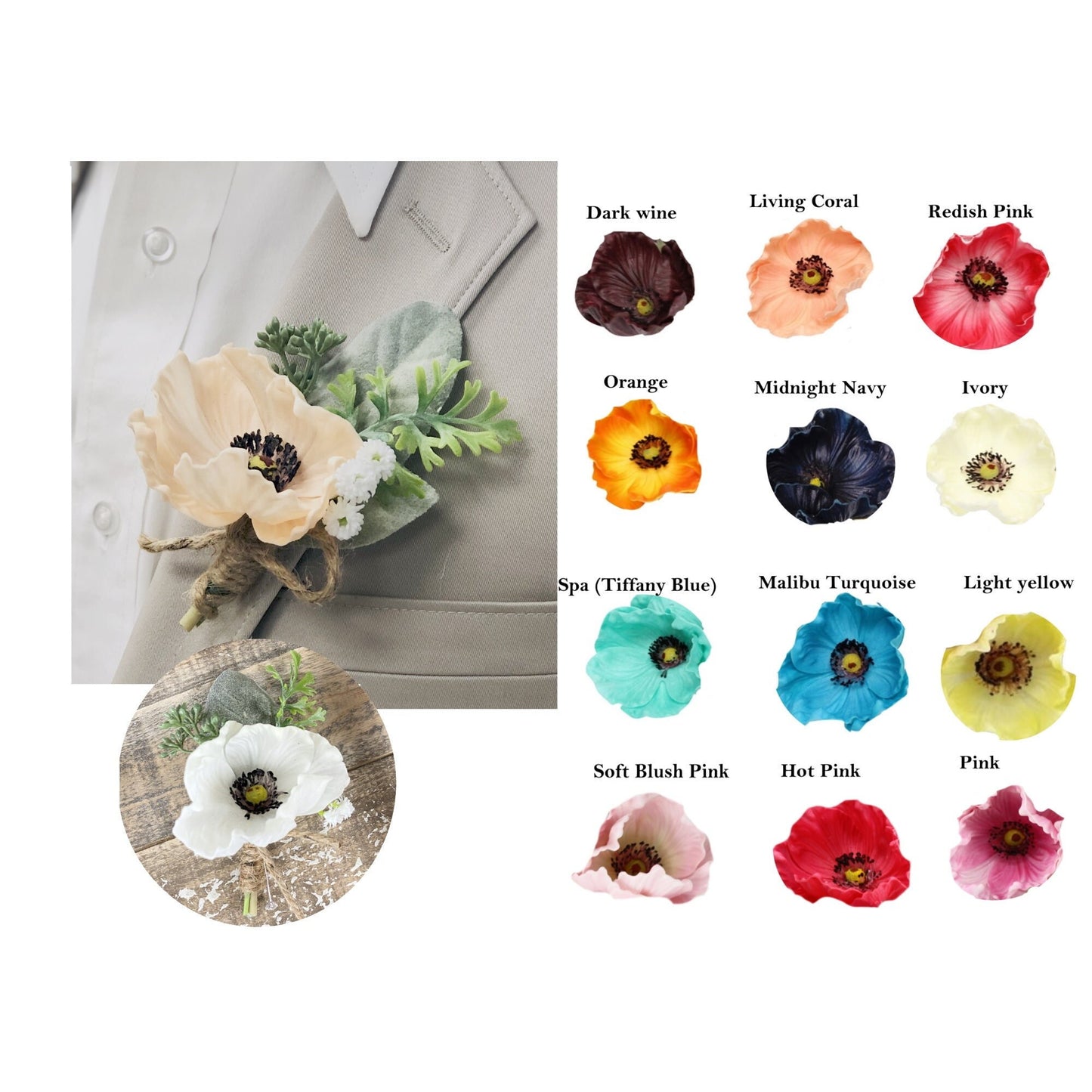 Elegant Boutonniere with Real Touch Poppy, Anemone & Greenery - Available in Multiple Colors