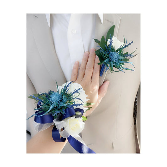 Elegant Cream Rose & Blue Thistle Corsage/Boutonniere Set - Custom Ribbon Colors