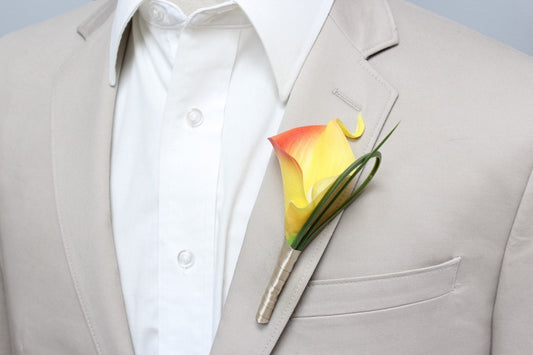Boutonniere - Livelike Real Touch calla lily sunset red orange yellow fall keepsake wedding prom graduation boutonniere buttonhole