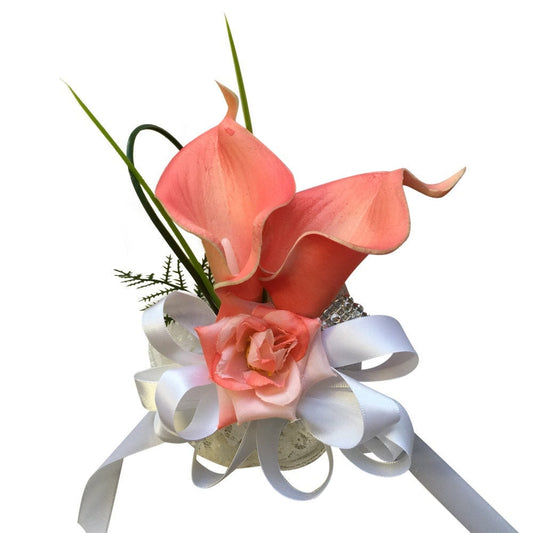 Chic Coral Calla Lily & Rose Wrist Corsage with Pearl Band - Custom Ribbon Colors