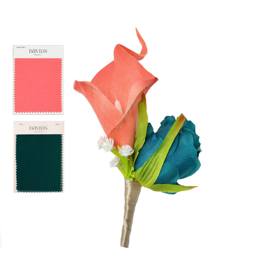 Elegant Coral and Teal Calla Lily Boutonniere with Customizable Ribbon Color - Perfect for Weddings, Proms, and Special Events