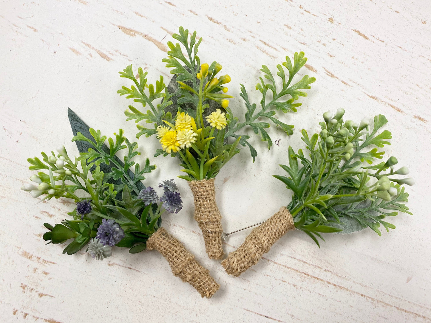 Rustic Artificial Boutonniere - Baby's Breath, Greenery & Succulents with Burlap Wrap