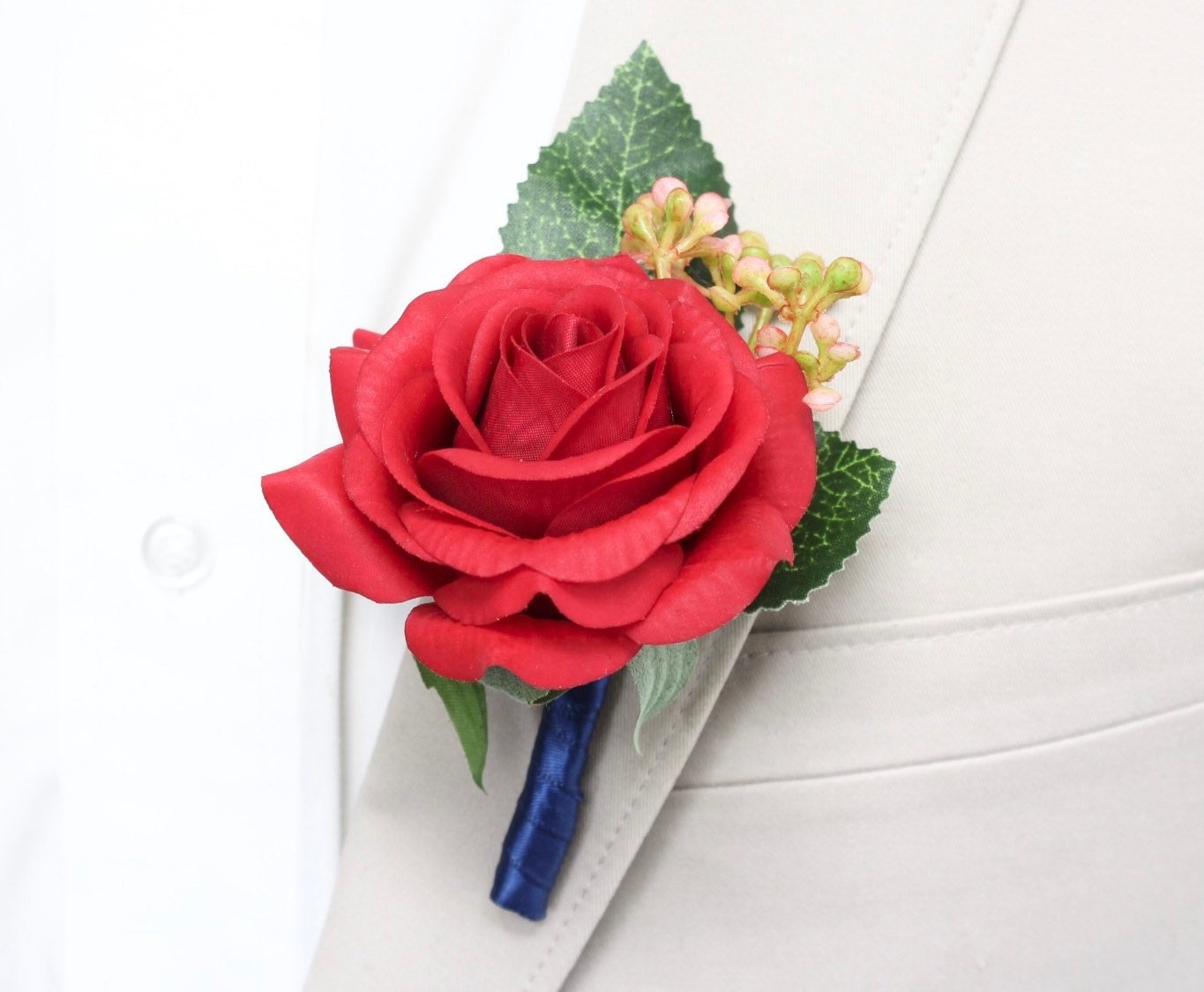 Lifelike Red Rose Boutonniere with Custom Ribbon - Ideal for Weddings, Proms & Events