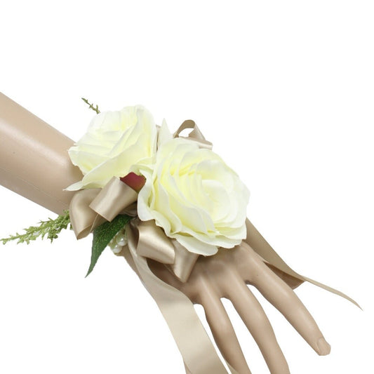 Elegant Silk Ivory Rose Corsage & Boutonniere Combo with Customizable Ribbon