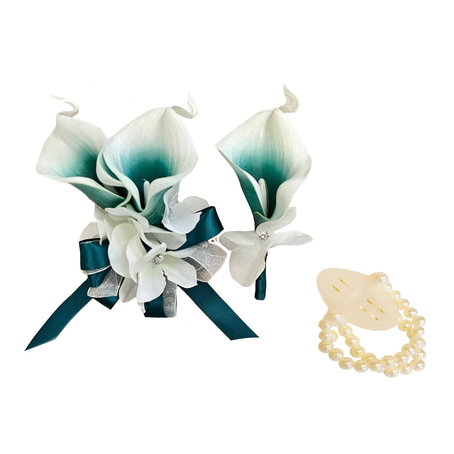 Teal Calla Lily Wedding Corsage & Boutonniere Set with Pearls & Rhinestones