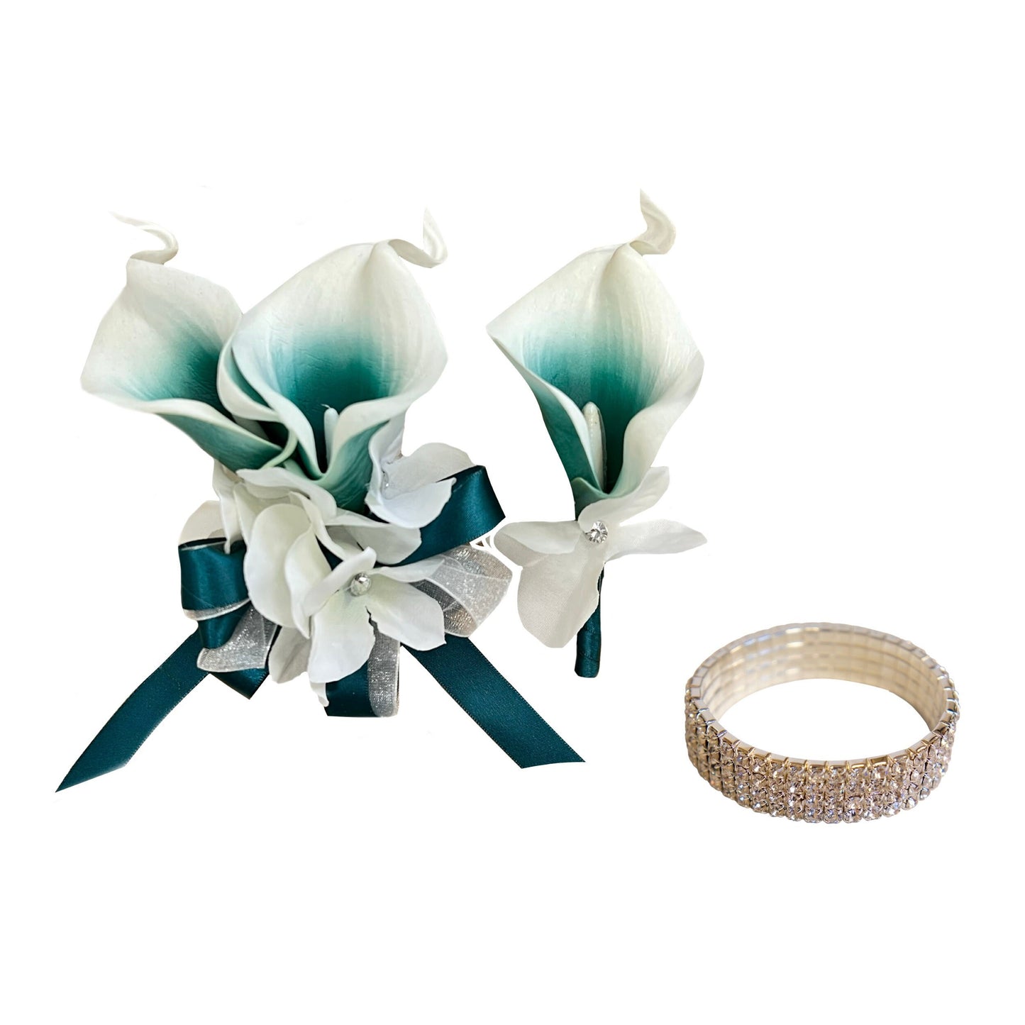 Teal Calla Lily Wedding Corsage & Boutonniere Set with Pearls & Rhinestones