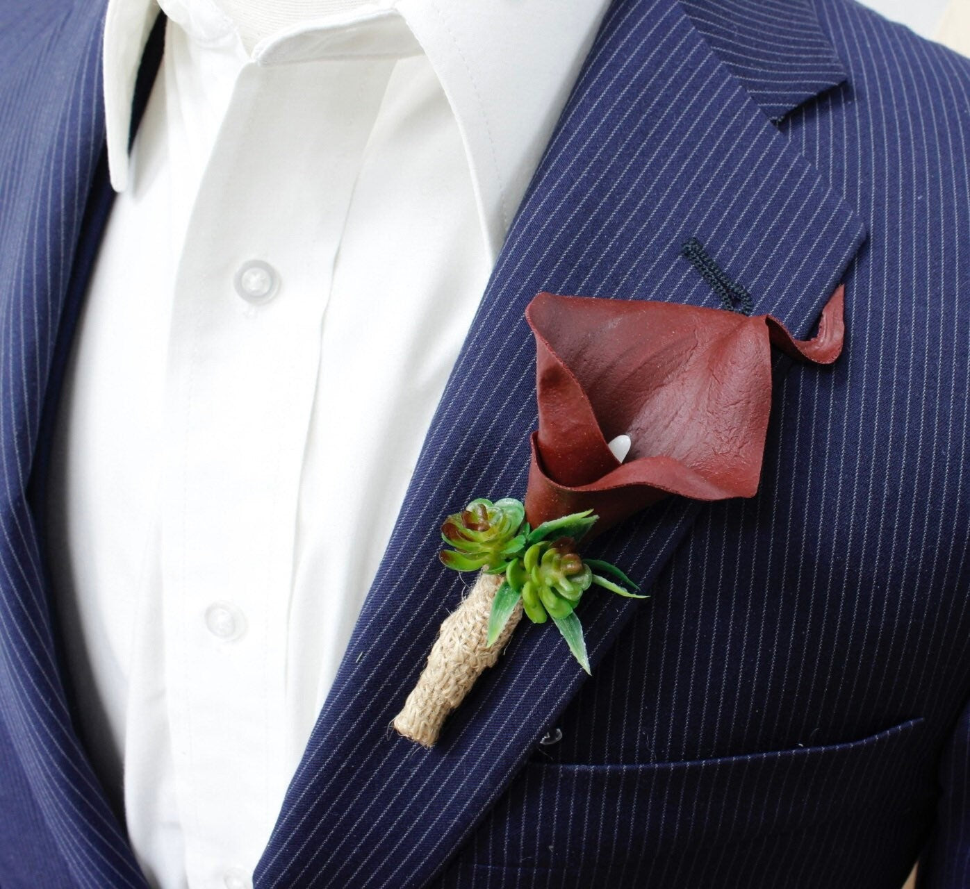 Custom Calla Lily Boutonniere with Succulents & Burlap Stem - Choose Your Color