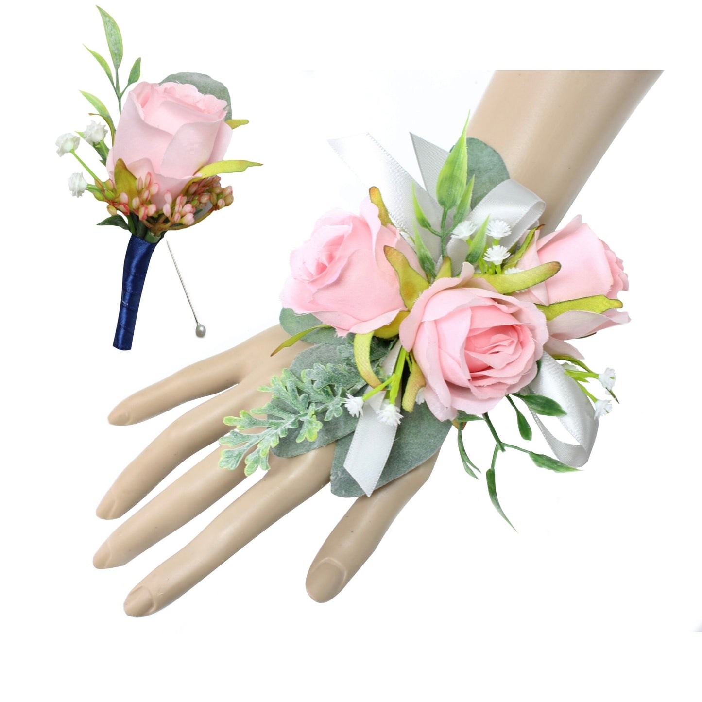 Elegant Soft Pink Floral Set with Customizable Ribbon - Corsage & Boutonniere