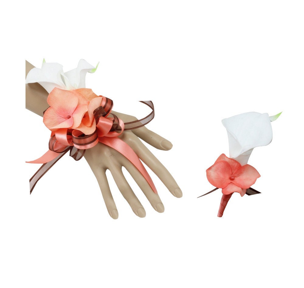 Peach Coral Artificial Calla Lily & Hydrangea Wedding Set