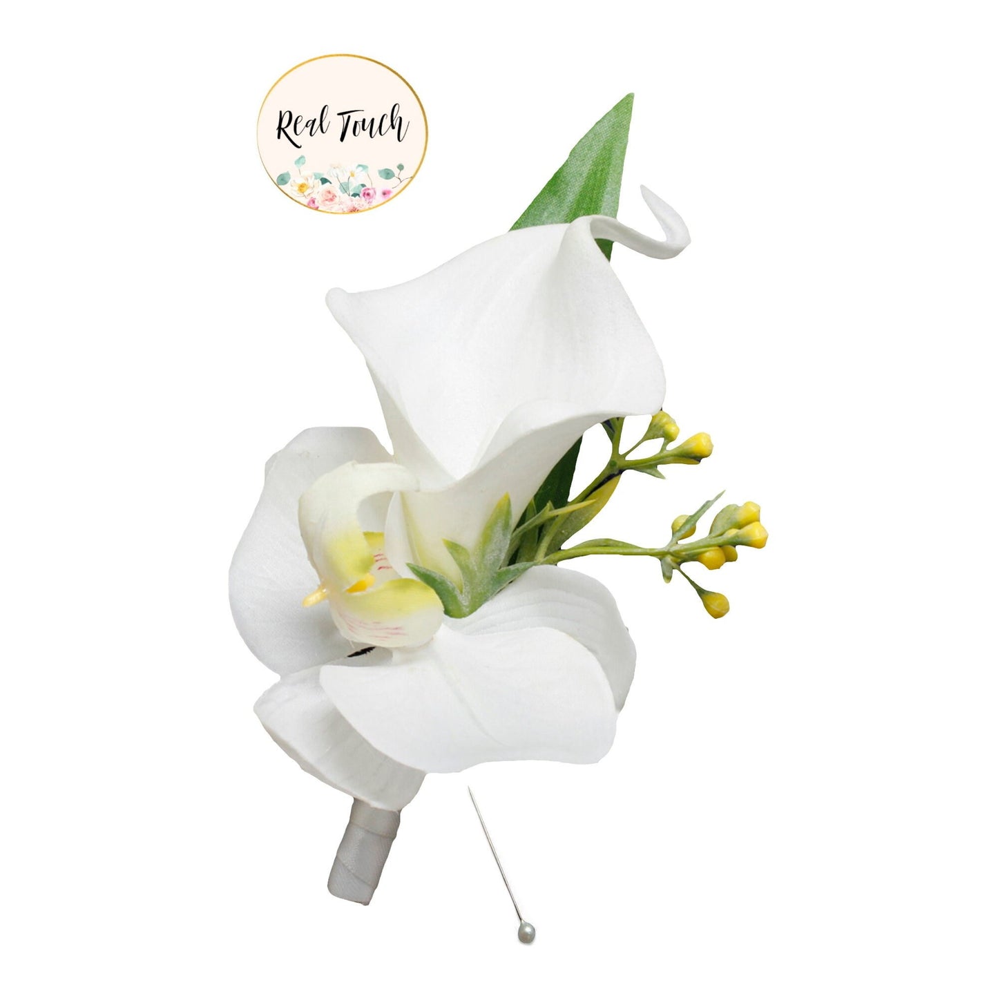 Eternal Elegance Boutonniere - Calla Lily & Orchid with Pearl Pin