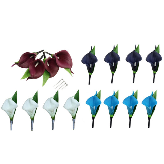 Pack of 4- Real touch calla lily Boutonnieres with greenery and ribbon wrapped stem Pin included Wedding Prom graduation Dance Groom father