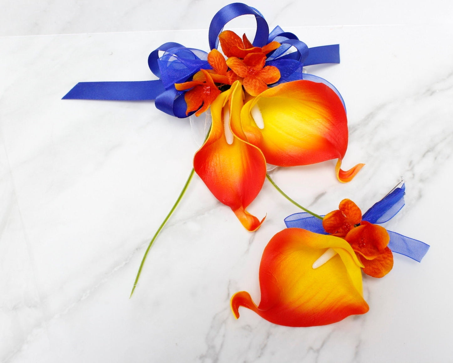 Elegant Navy & Orange Silk Floral Set for Weddings and Proms