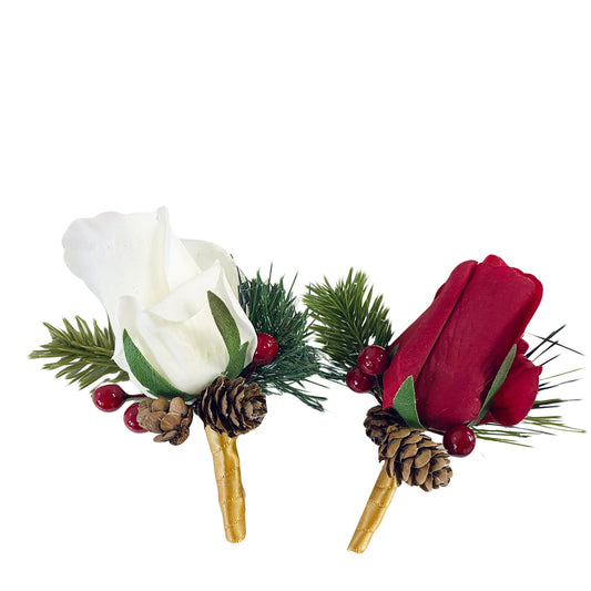 life-like real touch deep Christmas red or soft ivory boutonniere with berry pine cone artificial pike fern greenery