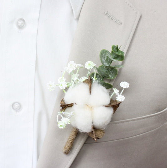 Cotton Blossom Boutonniere with Frosted Baby's Breath and Eucalyptus