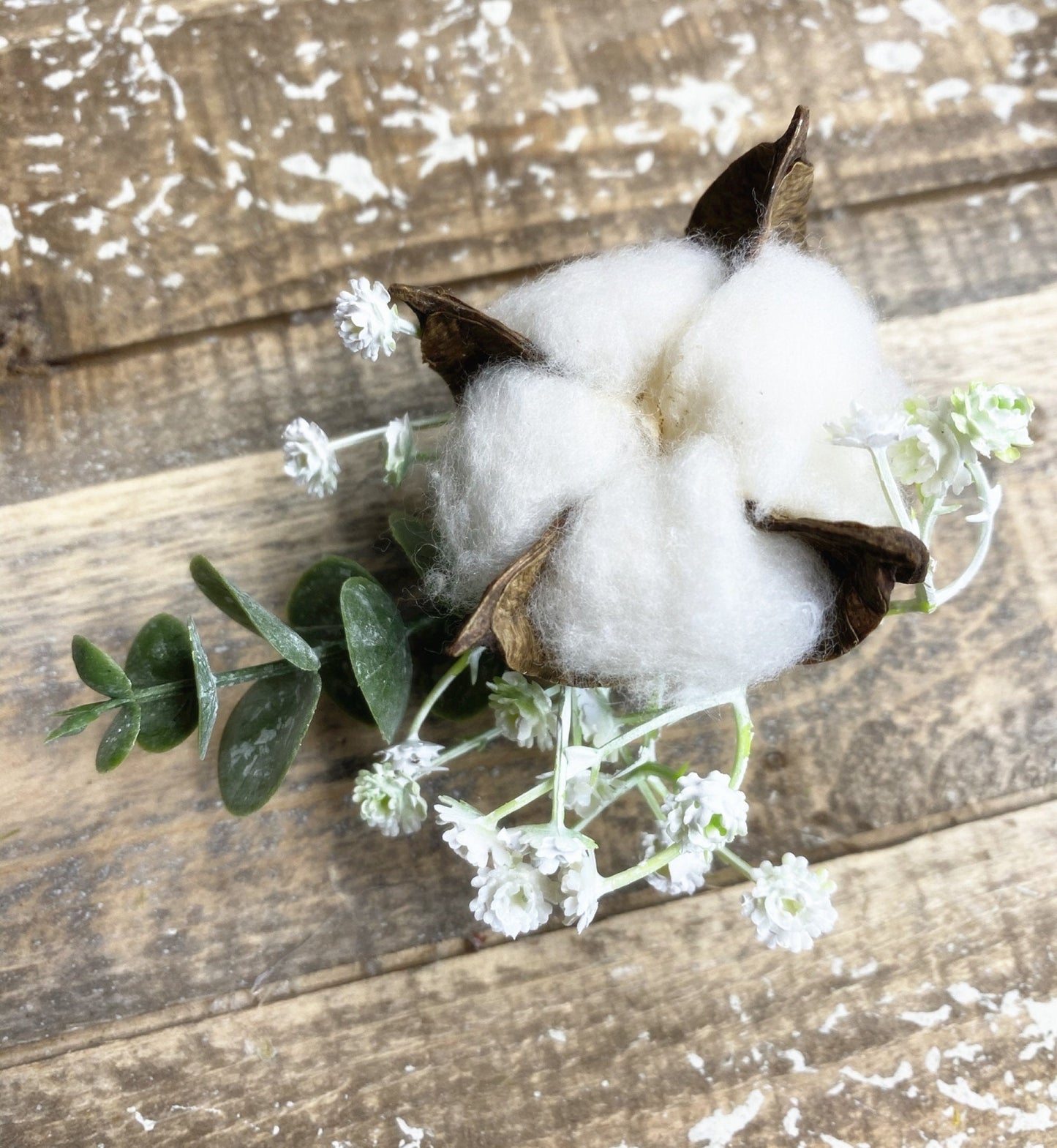 Cotton Blossom Boutonniere with Frosted Baby's Breath and Eucalyptus