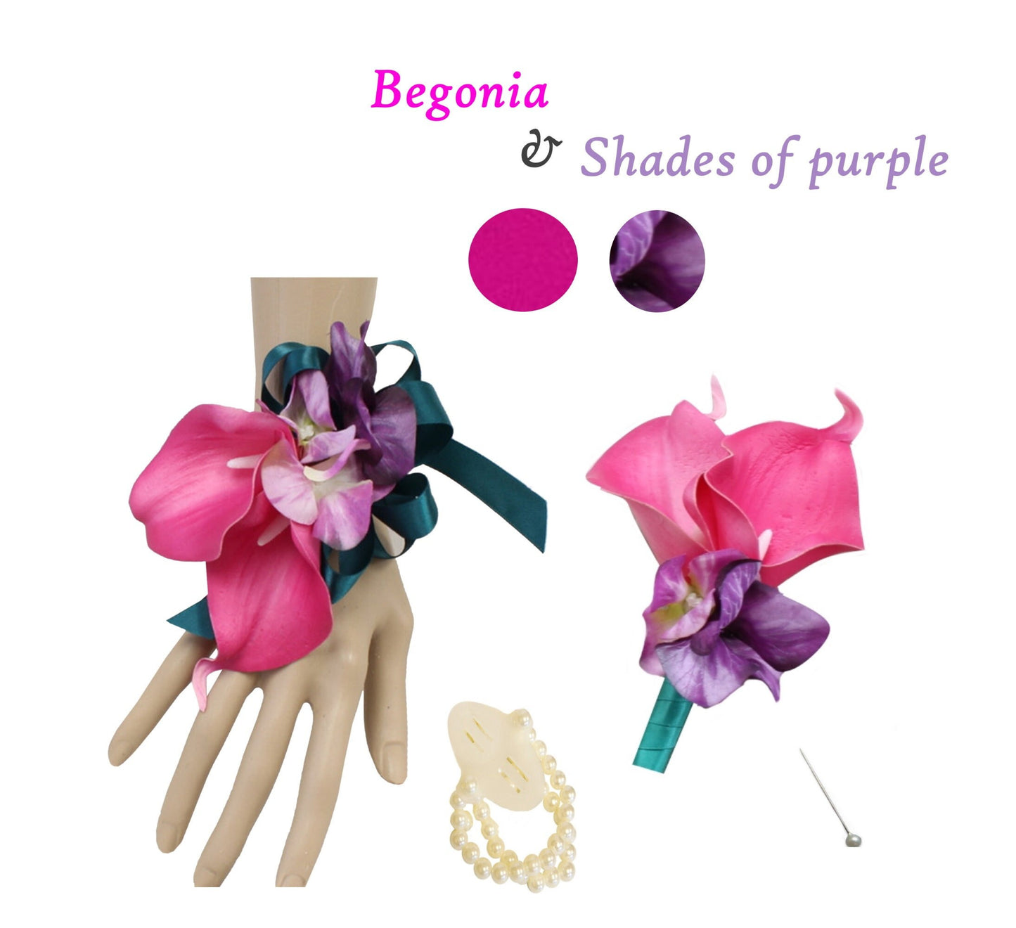 Luxurious Real Touch Calla Lily and Silk Hydrangea Corsage & Boutonniere Set - Hot Pink & Purple