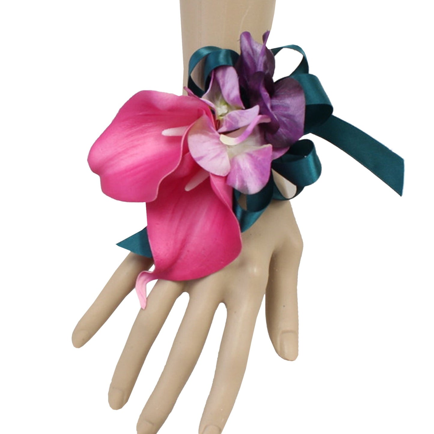 Luxurious Real Touch Calla Lily and Silk Hydrangea Corsage & Boutonniere Set - Hot Pink & Purple