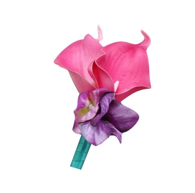 Luxurious Real Touch Calla Lily and Silk Hydrangea Corsage & Boutonniere Set - Hot Pink & Purple