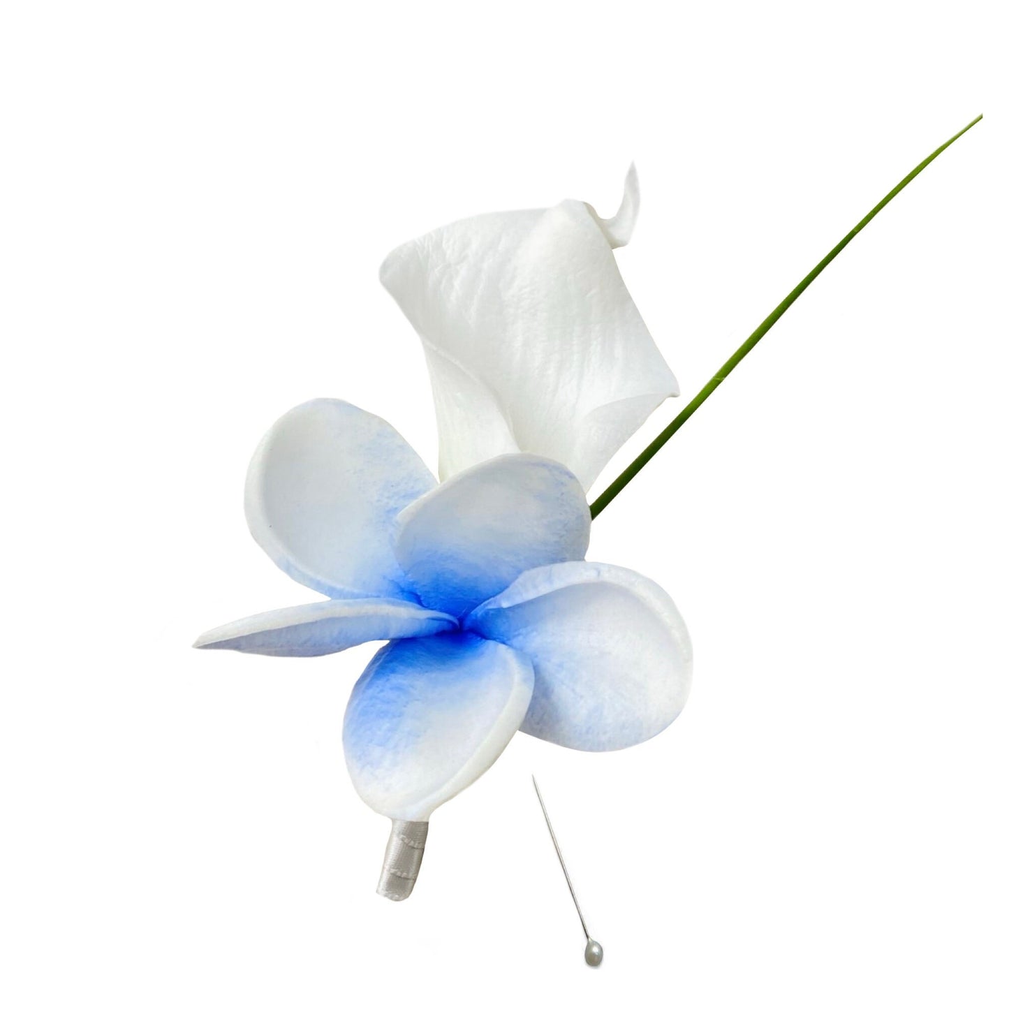 Elegant Real Touch Boutonniere with Calla Lily & Plumerias - Royal Blue & White