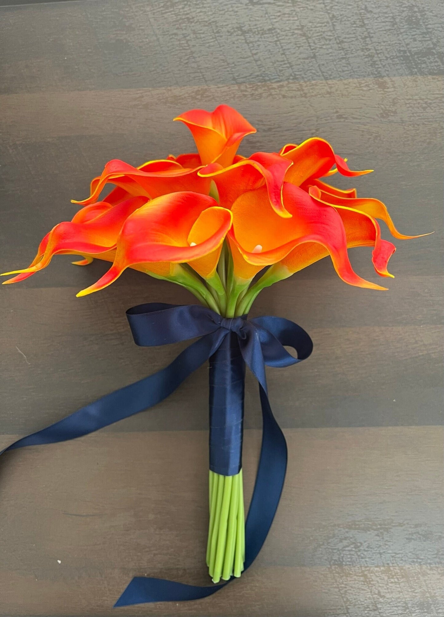 Luxurious Persimmon Tangerine Calla Lily Wedding Ensemble - Handcrafted Bridal Bouquet & Boutonniere Set