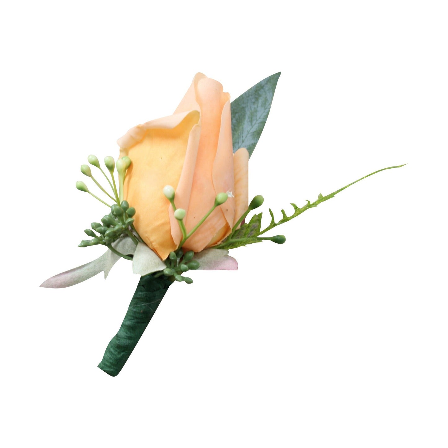 Elegant Lifelike Rosebud Boutonniere with Seeded Eucalyptus - Light Orange