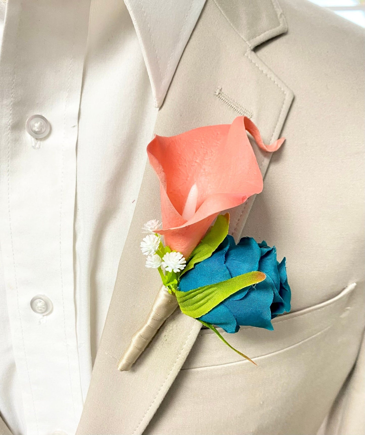 Elegant Coral and Teal Calla Lily Boutonniere with Customizable Ribbon Color - Perfect for Weddings, Proms, and Special Events
