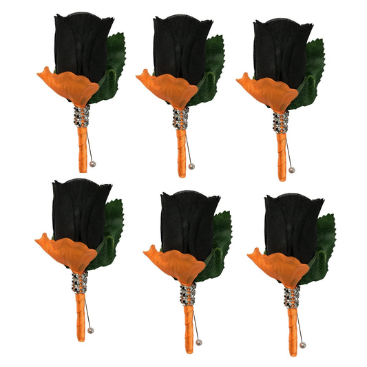 Set of 6 artificial Boutonniere-Black orange Halloween Thanksgiving Fall wedding theme-pearl headed pin included