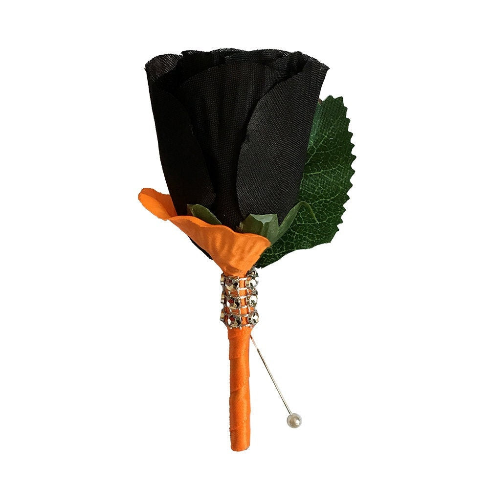 Set of 6 artificial Boutonniere-Black orange Halloween Thanksgiving Fall wedding theme-pearl headed pin included