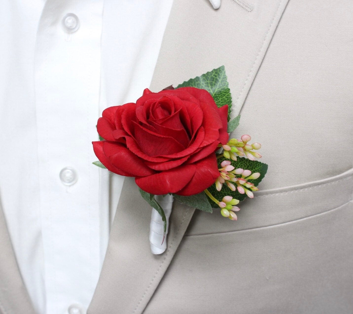 Lifelike Red Rose Boutonniere with Custom Ribbon - Ideal for Weddings, Proms & Events