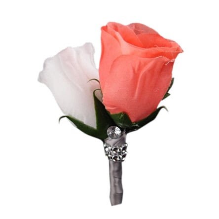 Coral White rose boutonniere with Gray ribbon and bling