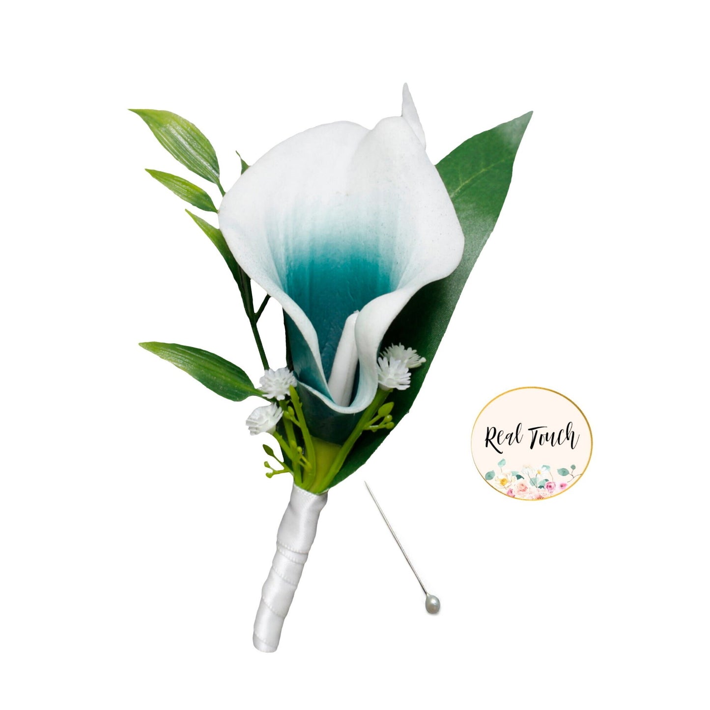 Teal Calla Lily Boutonniere with Elegant Pearl Pin - Timeless Accessory for All Occasions