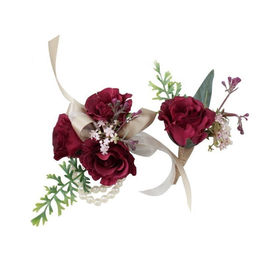 Elegant Pink & Burgundy Faux Rose Corsage and Boutonniere Set