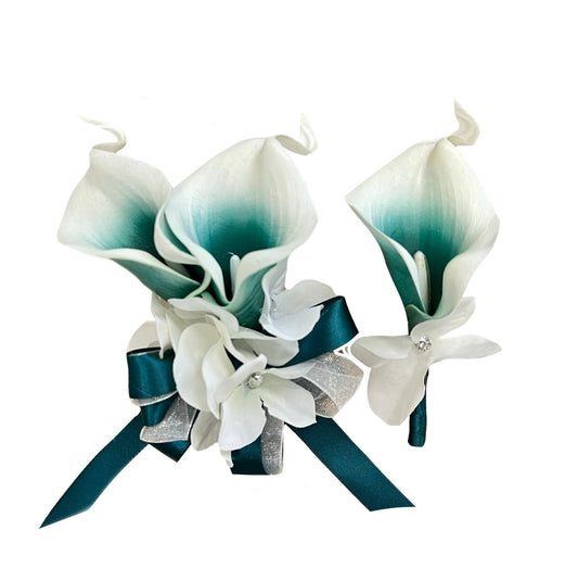 Teal Calla Lily Wedding Corsage & Boutonniere Set with Pearls & Rhinestones