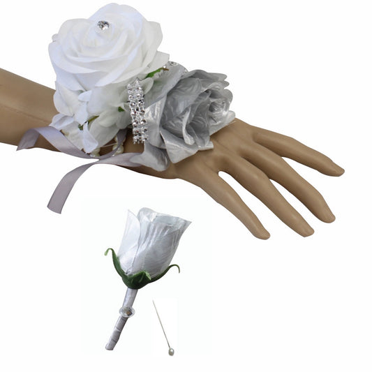 Silver Charm Artificial Rose Corsage & Boutonniere Set with Pearl Accents