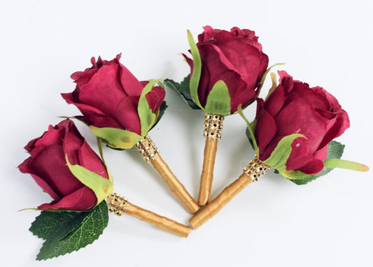 Elegant Burgundy and Gold Artificial Rose Boutonniere - Set of 4 with Pearl Pins