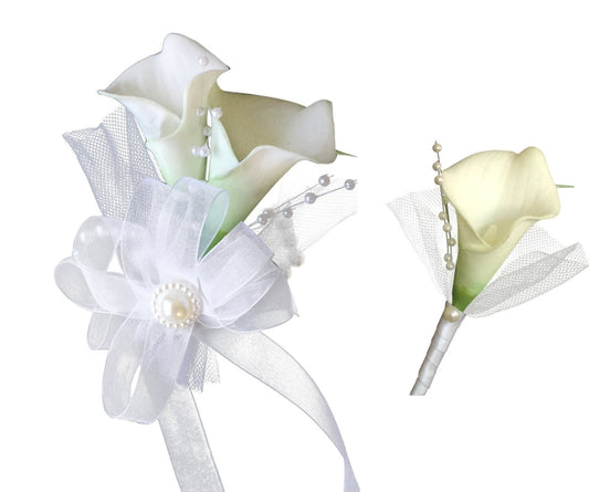 Elegant Calla Lily Corsage & Boutonniere Set with Pearls