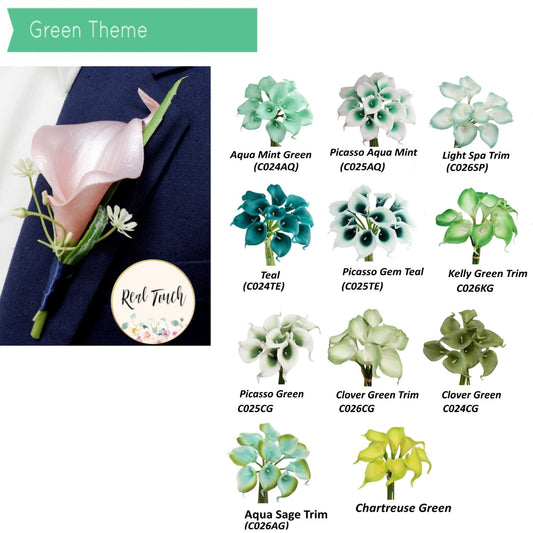 Green theme Calla Lily Boutonniere-Choose Color-keepsake artificial soft touch Calla lily with natural fillers, pin included