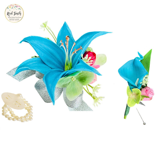 Turquoise & Pink Floral Corsage Boutonniere Set - Elegant Wedding Accessories