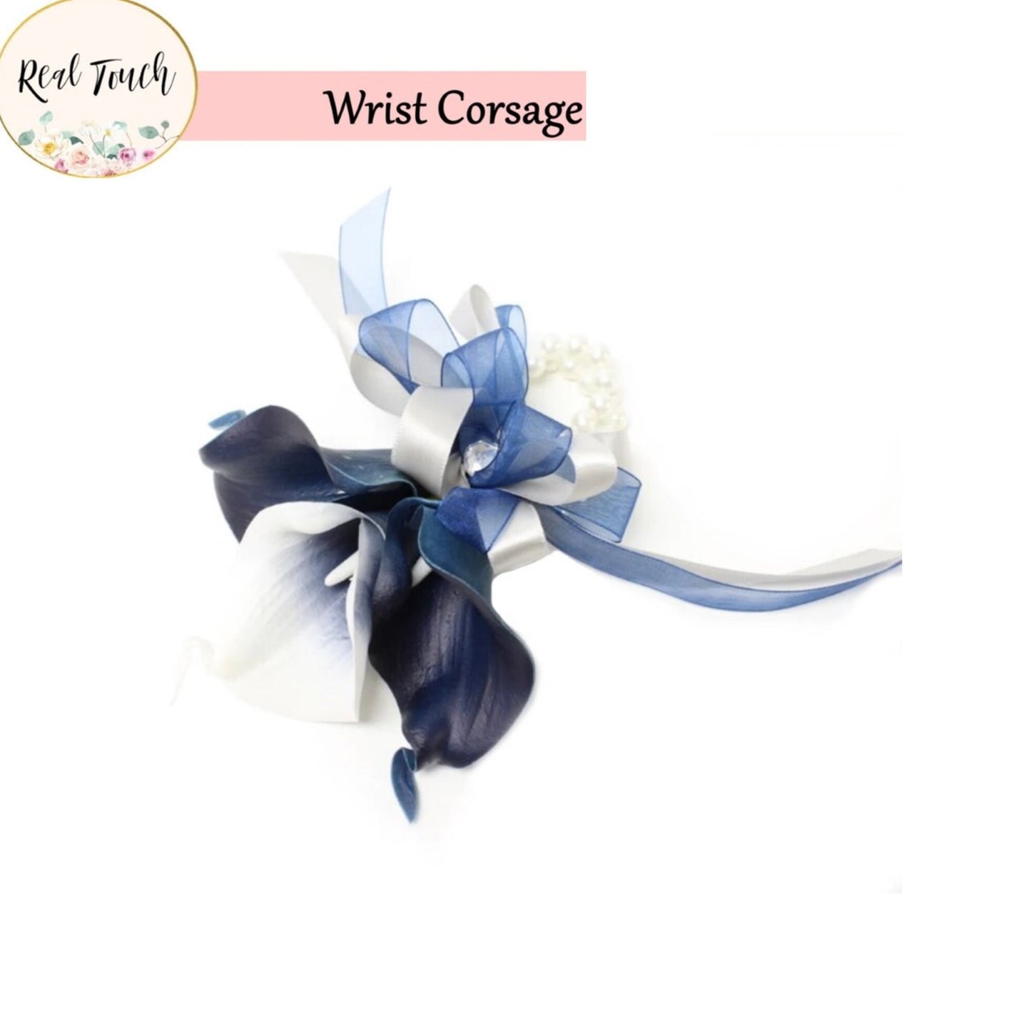 Custom Navy Calla Lily Wrist Corsage - Choose Your Ribbon Color