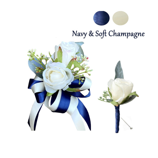 Elegant Silk Floral Set for Weddings - Champagne & Navy Corsage and Boutonniere