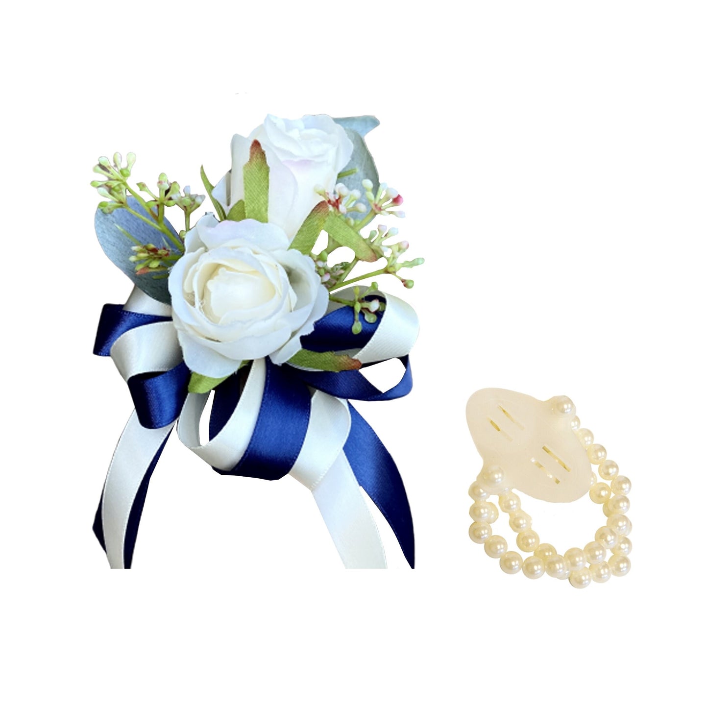 Elegant Silk Floral Set for Weddings - Champagne & Navy Corsage and Boutonniere