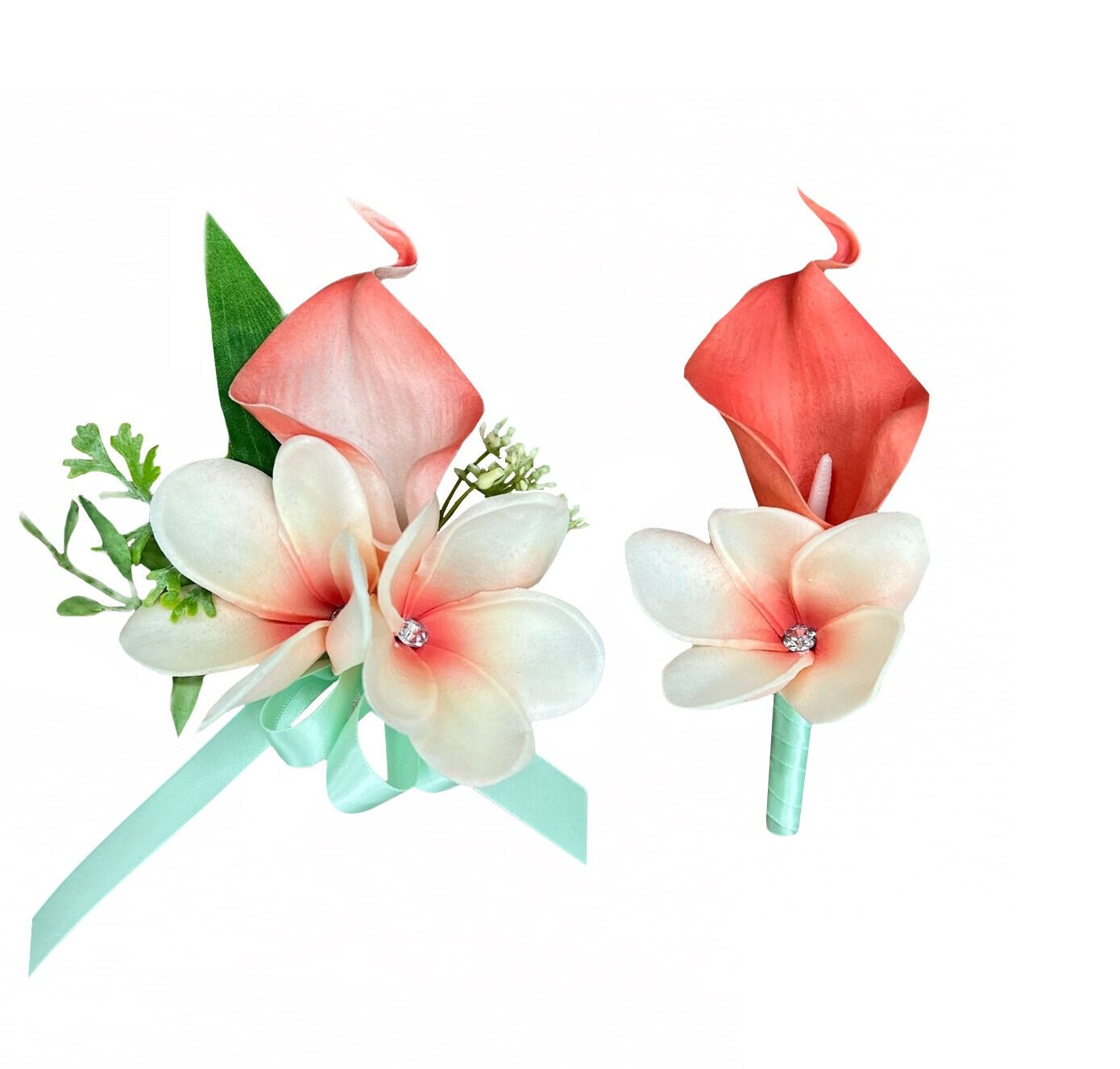 Luxurious Coral Calla Lily & Plumeria Silk Flower Ensemble - Includes Corsage, Boutonniere, and Hair Accessory