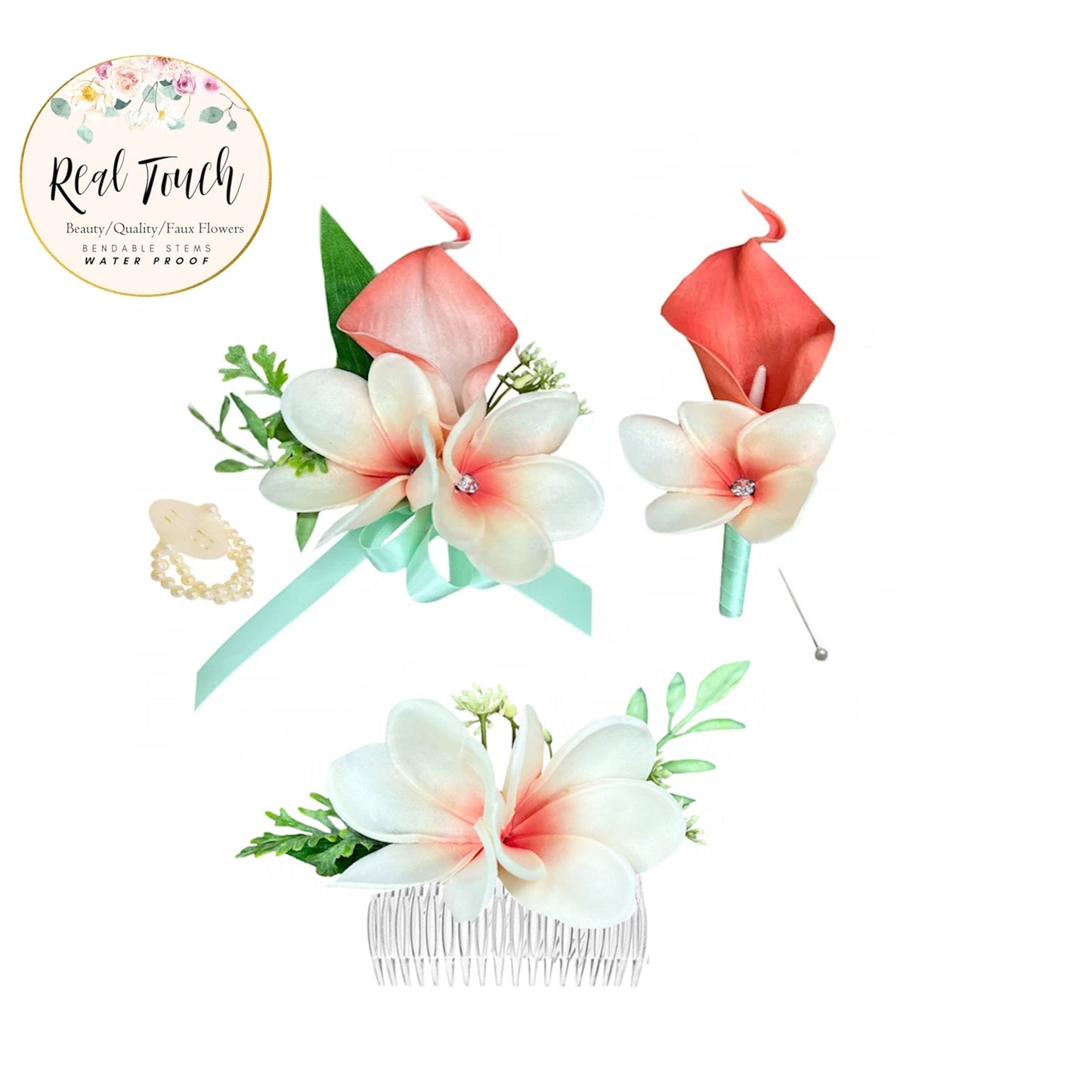 Luxurious Coral Calla Lily & Plumeria Silk Flower Ensemble - Includes Corsage, Boutonniere, and Hair Accessory
