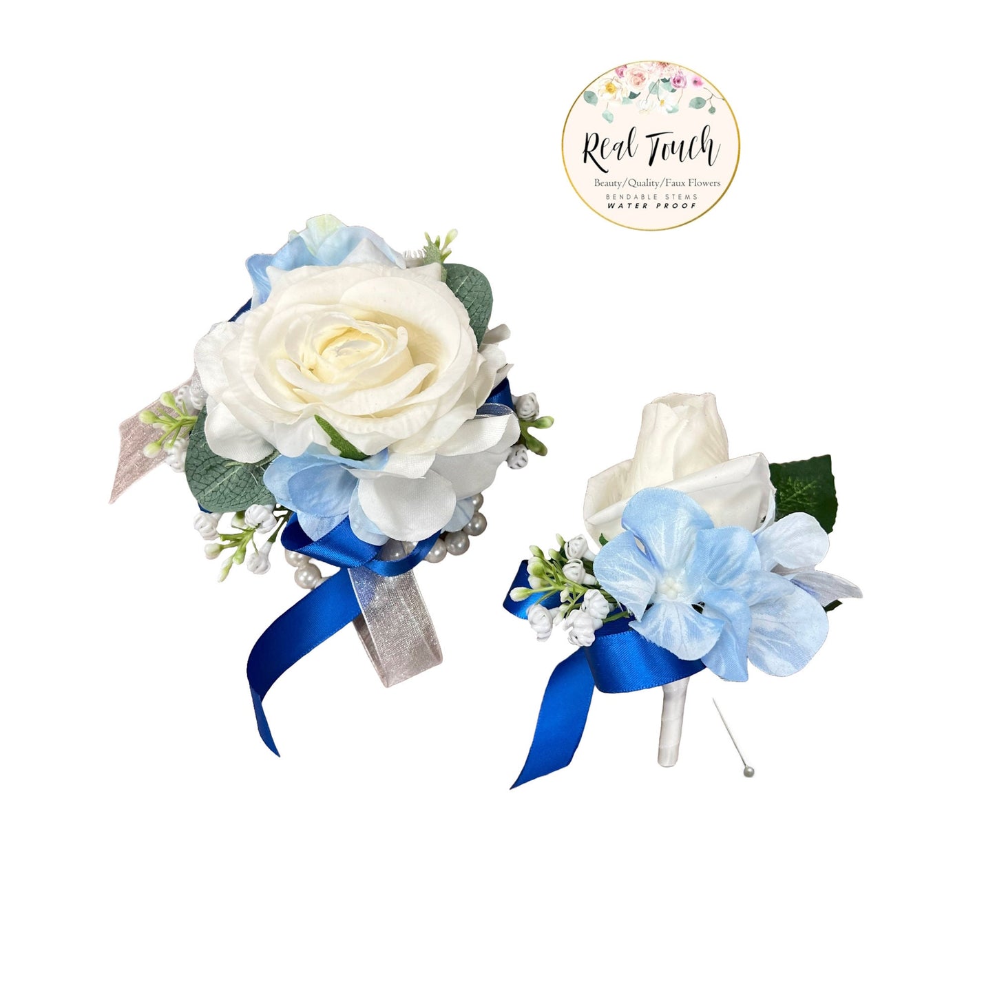 Customizable Real Touch Flower Wrist Corsage & Boutonnière for Prom, Homecoming, and Weddings