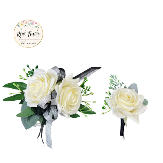 Luxury Real-Touch Rose Corsage & Boutonniere Set for Weddings & Proms