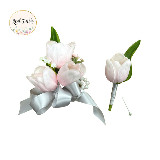 Custom Real-Touch Tulip Corsage & Boutonniere Set - Personalized Ribbon