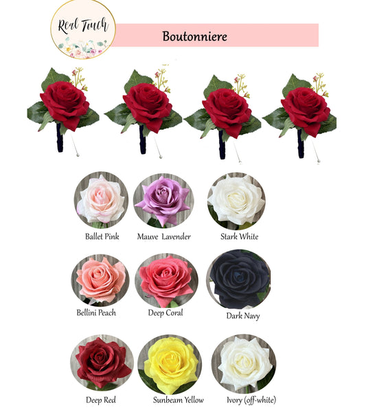 Luxury Lifelike Rose Boutonniere Quartet - Custom Colors Available